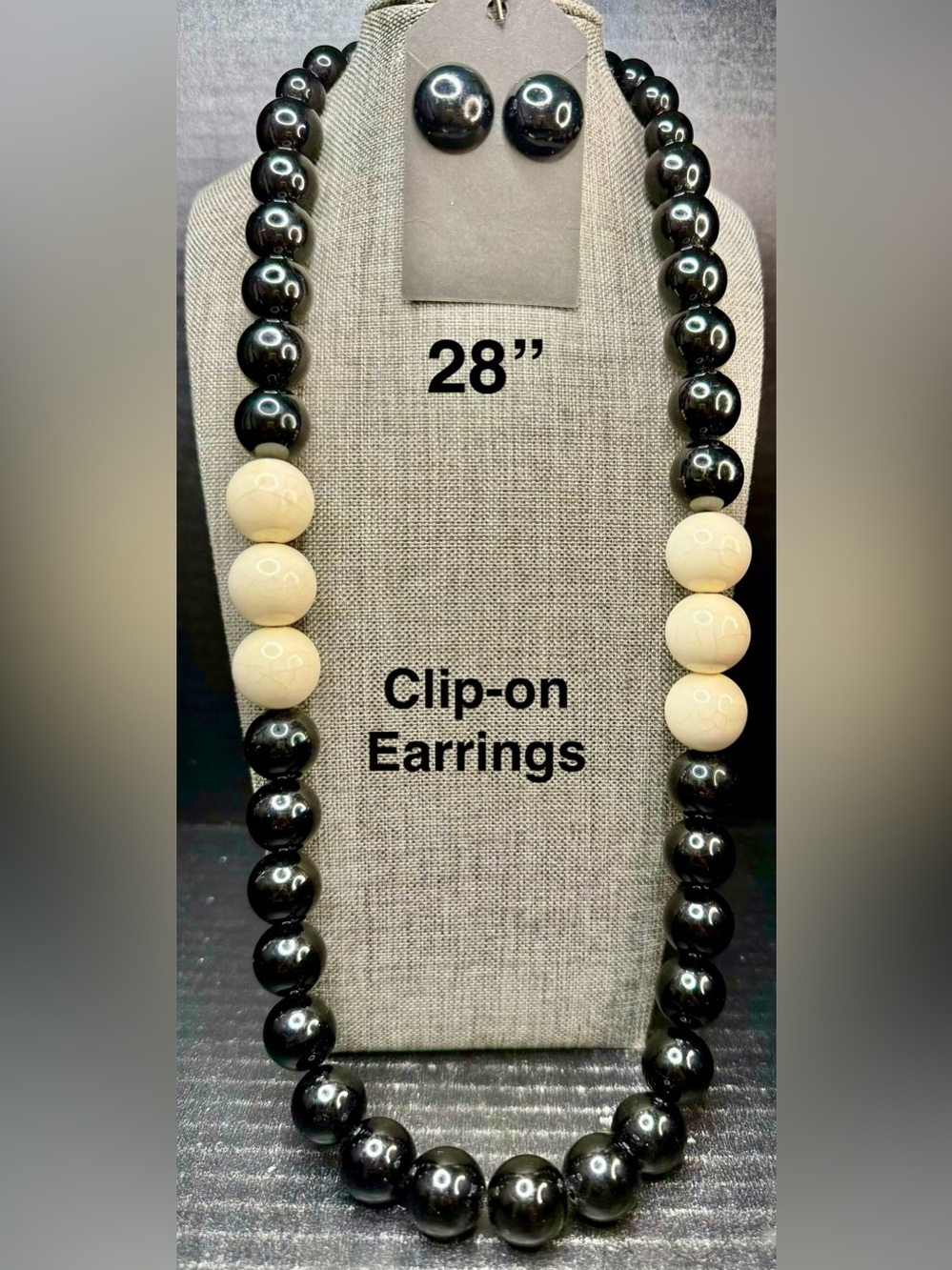 Classic Black and Cream Beaded Necklace with Matching Clip-On Earrings